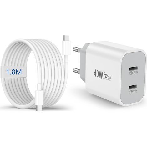 Chargeur USB C, Adaptateur Secteur 20 W pour iPhone 17/16/16e/16 Plus/16 Pro/16 Pro Max/15/15 Plus/15 Pro Max, iPad, Connecteur de Charge USBC à 2 Ports avec Câble USB-C de 1,8 m (1/5)