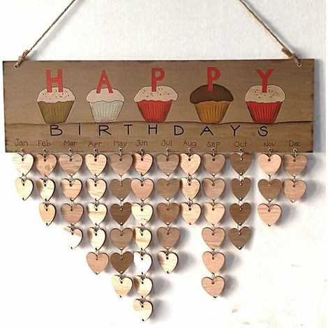 Calendrier en bois pour anniversaire de famille et amis - Plaque murale - Décoration murale en bois - Impression marron - Gâteau d'anniversaire