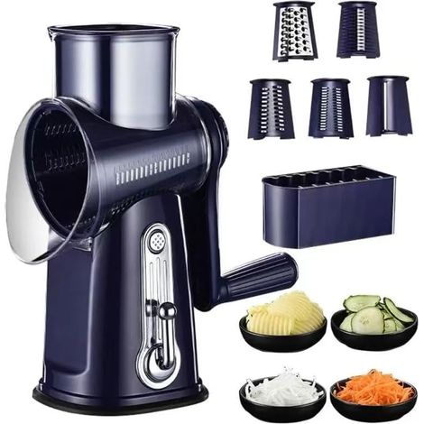 Manual rotary grater and slicer, multifunctional kitchen utensil with 5 blades, navy blue