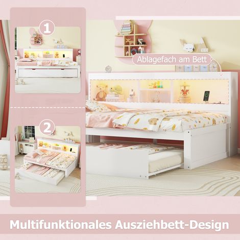 Canapé-lit jour 90×200cm,LED,chevet rangement,lit extensible,prise+USB,sans matelas blanc (1/5)