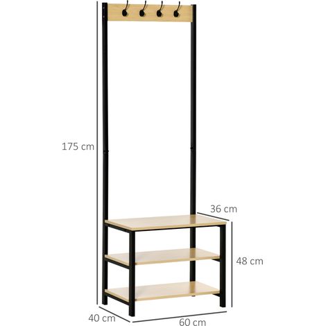 Portant à vêtements en bois à 4 crochets, étagères de rangement autoportantes, étagère à chaussures en métal, meuble d'entrée - 60L x 40l x 175H (cm) (1/5)
