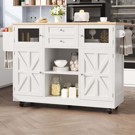 Îlot de cuisine mobile blanc 140 x 40-70 x 93,5 cm, plateau rabattable effet bois, rangements, porte-serviettes et 5 roulettes (1/5)