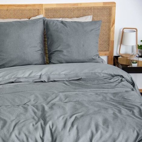 Parure de lit Adulte 100% Coton - Housse de Couette 220x240 cm + 2 Taies d'oreiller 63x63 cm uni Sensation Flanelle (Gris Ardoise)