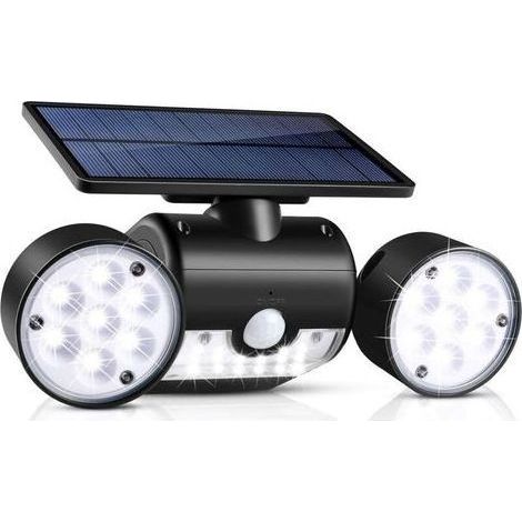 Lampe solaire d'extérieur, applique murale solaire étanche à LED 30 avec projecteur double tête, veilleuse de sécurité rotative à 360 degrés avec détecteur de mouvement solaire (1/5)