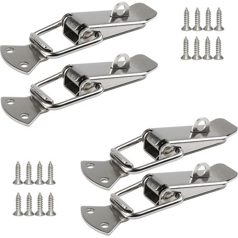 Lot de 4 loquets à levier à ressort en acier inoxydable avec trou pour cadenas - Idéal armoire, coffre en bois et malle à outils (Argent, Grande taille, 4 pièces) (1/5)
