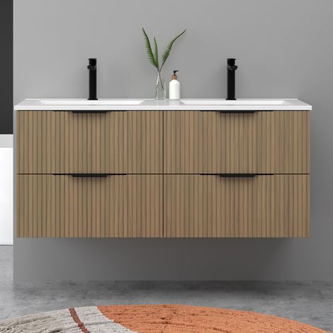 Meuble de salle de bain suspendu Strié 120cm avec poignées + double vasque + 4 tiroirs, Noyer