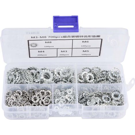 Jeu de 700 rondelles frein dentées galvanisées plates, outil de fixation M3/M4/M5/M6/M8 (1/4)