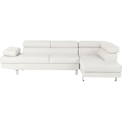 Corner Sofa White Faux Leather L-shaped 5 Seater Adjustable Headrests and Armrests Modern Living Room Couch NORREA