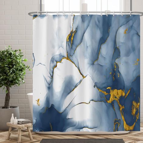 180x180cm Rideau de Douche en Marbre Ombre Bleu Encre Motif Or Aquarelle Bleu pour Bain et Baignoire Étanche (1/5)
