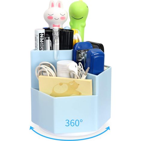 Porte-stylos et crayons rotatif 360°, organiseur de bureau pour filles et enfants, pot à crayons durable en bleu, idéal pour salle de classe, maison et rangement de pinceaux maquillage (1/5)