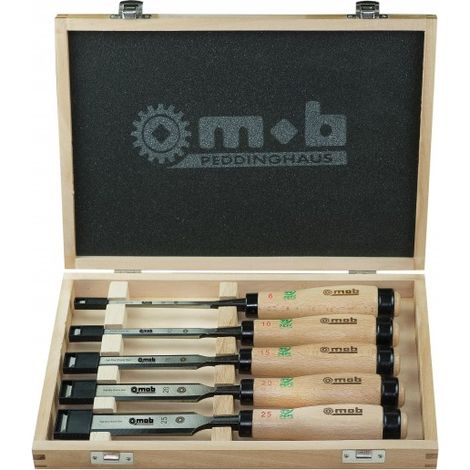 Mob Outillage – Coffret de 5 ciseaux à bois – Lame forgée en acier haute teneur en carbone – Manche en bois dur labellisé PEFC – Précision de frappe