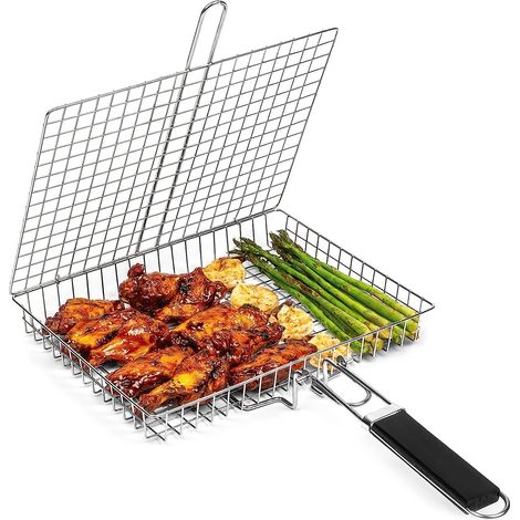 Panier à griller en acier inoxydable 304 Pliable, portable et durable Avec poignée amovible Convient pour le poisson, les légumes, les crevettes et le steak (1/5)