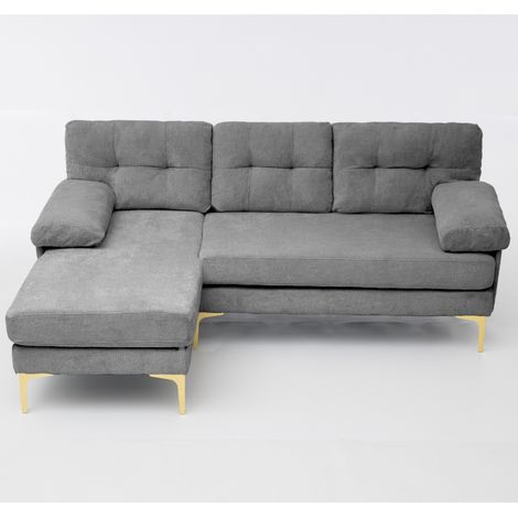 Canapé d'angle réversible 3 places en tissu gris, 187,5 cm, assise confortable avec accoudoirs rembourrés, pieds métal et structure en bois – CHICFURN (1/5)
