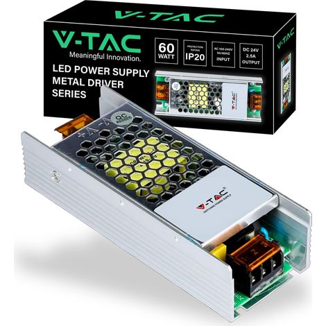 V-TAC Alimentatore per Strisce LED Professionale 60W 24V 2,5A con 1 Uscita - Trasformatore in Metallo per Apparecchiature Elettroniche, Telecamere, Schermi - Ultra Sottile - Input AC 100-240V (1/4)