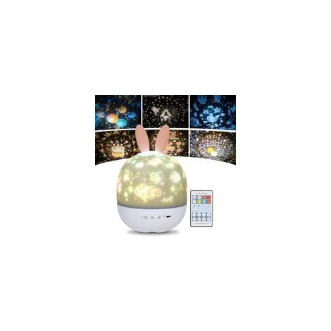 Veilleuse enfant projecteur étoile 360°, musique, 6 couleurs, télécommande, lapin –