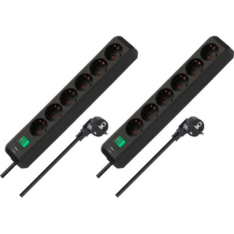 Lot de 2 multiprises 6 Prises de Terre Multiples avec Protection de Contact Accrue, Interrupteur et câble de 1,5 m Noir