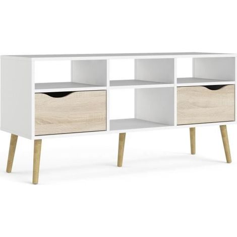 Meuble TV - 4 niches 2 tiroirs - Blanc / Chene - 117,2 x 39,1 x 57,4 cm ARO (1/5)