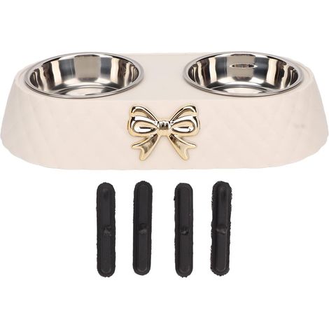 Double Pet Bowls, Non Slip Stainless Steel Bowknot Dog Cat Bowknot Bowl, Beige, Double Bowl, Easy (Beige) (1/5)