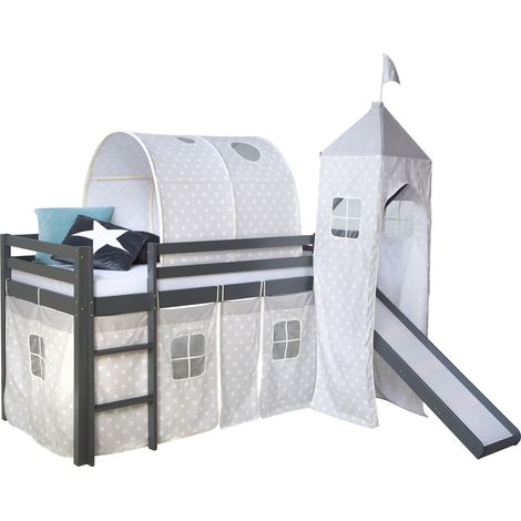 Letto a soppalco 90x200cm con scala e scivolo in legno grigio con tessuto a forma di stella tunnel e torre (LIT06176)