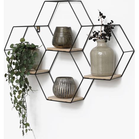 Estantería de pared metálica hexagonal cuádruple - 40,5x58 cm - Negro (1/5)
