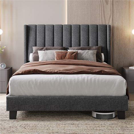 Yaheetech – Lit double rembourré 140x200 cm – Cadre en bois et métal gris foncé – Sommier à lattes – Tête de lit capitonnée moderne