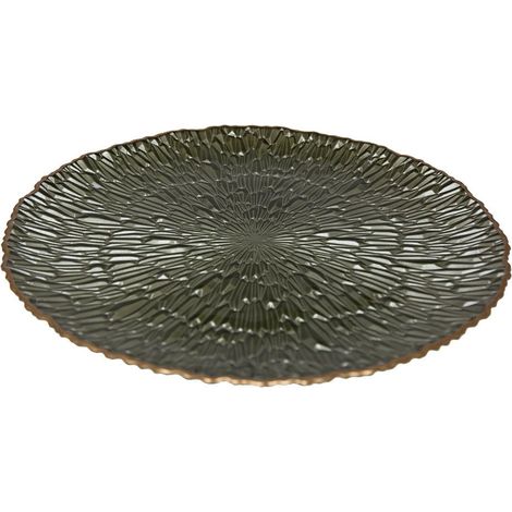 Assiette de présentation ronde en verre vert et bord doré pour décoration de table 33 cm - PANGIVO (1/4)