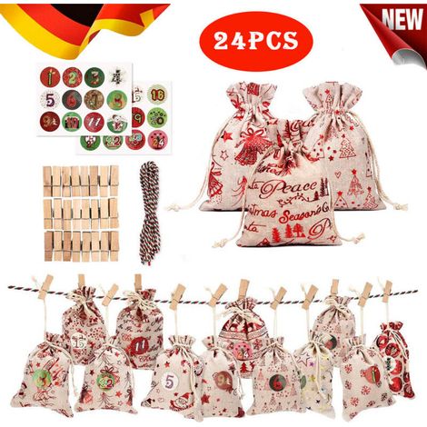 Sac cadeau de Noël à cordon, en coton et lin, fermeture à cordon, marquage à chaud, attaches en bois, sac décoratif en corde de chanvre, sac cadeau de Noël