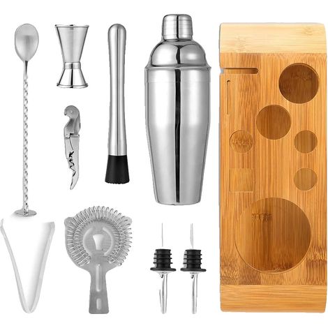 Cocktailshaker-Set, 750 ml Fassungsvermögen, 10-teiliges Werkzeugset, Edelstahlmaterial, inklusive Bambusständer, ideal für Anfänger (1/5)