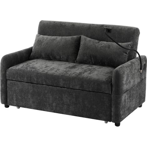 Sofá cama doble desplegable de chenilla gris con respaldo ajustable, USB y soporte para móvil HOMVRA (1/4)