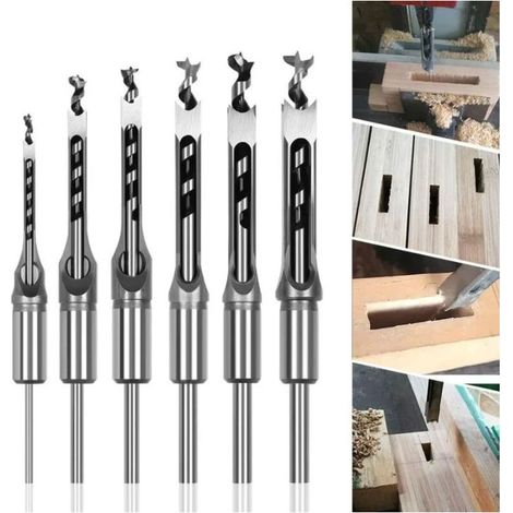 Lot de 6 Forets à bois trou carré Bédanes Creux en Acier Outils Set pour travail du bois Foret a trou carre Foret Trou de Perçage Mortaiser Burin 6,4/8/9,5/12,7/14/16mm Mèches Trou Carré (1/4)