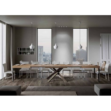Les Tendances – Table extensible 6 à 20 personnes bois foncé – Pieds entrelacés 4 couleurs – Longueur 160 à 420 cm – Fabrication italienne