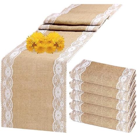 Chemin de Table Toile de Jute Dentelle - 5 pcs 30 x 275cm Rouleau Jute Dentelle Decoration de Table Champêtre (1/4)