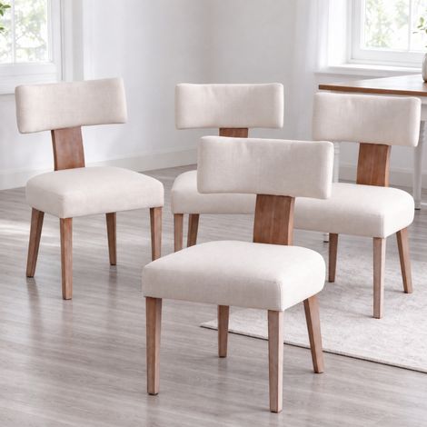 Wahson Lot de 4 Chaises en Lin, Chaises Salle à Manger en Bois, Chaise Salon avec Pieds en Bois Massif Chaise Bois pour Cuisine, Beige