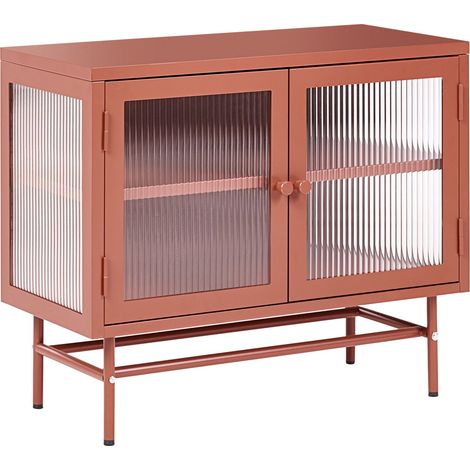 2 Door Sideboard Golden Brown Steel Fluted Tempered Glass Adjustable Shelves Leg Caps Living Room Furniture Modern Industrial Design DEVON (1/5)