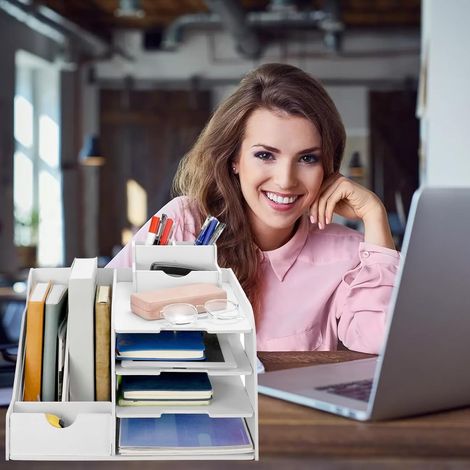 Organisateur de Bureau Blanc Multifonction, Bureau Organisateur pour Papiers A4, Stylos, Livres, Lettres, Rangement de Documents & Fournitures de Bureau, Design Modulable pour Bureau & Étude