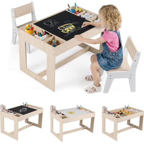 Pour Enfant Gain de Place Table d'Activité avec 2 Chaises Plateau Réversible Dessin et Rangement Naturel (1/5)