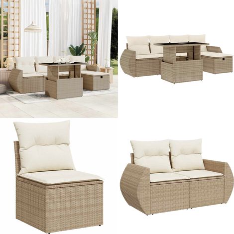 Salon de jardin avec coussins 6 pcs beige résine tressée - Ensemble Salon De Jardin - Mobilier De Jardin - Table Extensible - Chaise Lounge - Set De Jardin - Home & Living (1/5)