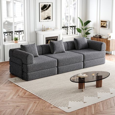 Schlafsofa 2-in-1 mit Armlehnenfach Chenille Grau OKMYHOME (1/5)