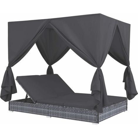 Chaise longue d'extérieur avec rideaux Résine tressée Gris vidaXL (1/4)