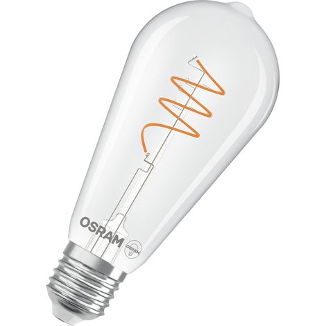 OSRAM Vintage 1906 Edison est une blanc chaud avec un filament en spiraen forme d'ampouEdison. Il propose 3,4 W pour 470 lm,E27, verre transparent, diamètre 64 mm, 2700 K.
