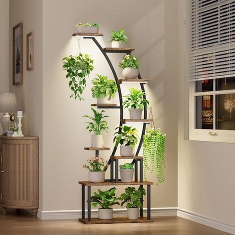 Support pour plantes d'intérieur avec lampes de croissance, étagère en métal à 9 niveaux, 162,6 cm de haut pour plantes d'intérieur, grande étagère pour plantes, support d'angle pour salon (1/5)