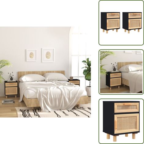 Mesita de noche de pino - vidaXL Mesitas de noche 2 uds madera maciza pino negro ratán natural - Mesita de noche con cajón