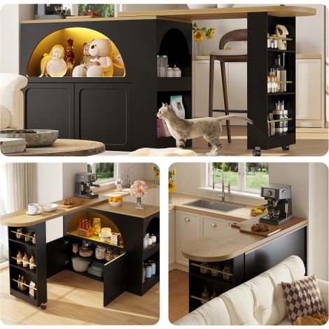 LUHOMFU – Table de bar extensible avec éclairage LED connecté, rangement intégré, étagères réglables, roulettes avec frein, design moderne avec portes arrondies, îlot de cuisine multifonction, noir, 1 (1/5)