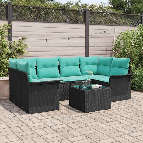 Ensemble de canapé de jardin 7 pcs Noir et turquoise polyrotin vidaXL (1/5)