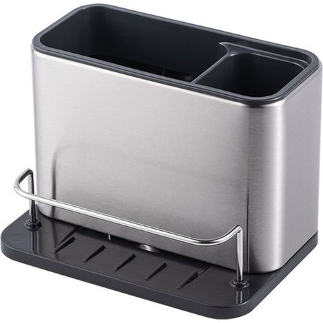 Organisateur d'évier en acier inoxydable - Étagère à deux compartiments avec bac égouttoir amovible - Boîte de rangement pour évier de cuisine - Noir (1/5)