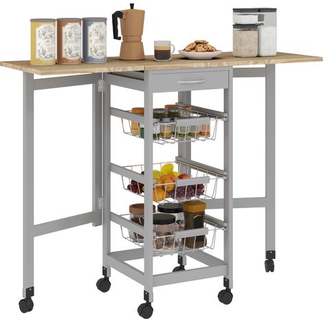 Beyamis Klappbarer Servierwagen, Küchenwagen mit 6 Rollen, 1 Schublade und 3 Metallkörben, 97,2 x 37 x 77,5 cm, Grau und Eiche