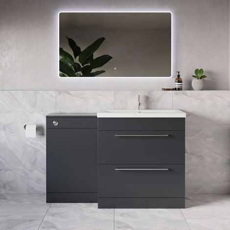 Napoli 390 Gloss Grey 1300mm 2 Drawer Vanity Unit Toilet Suite with Glide Basin - 1300mm - Chrome 480mm HandleWithout Kingston Toilet Pan