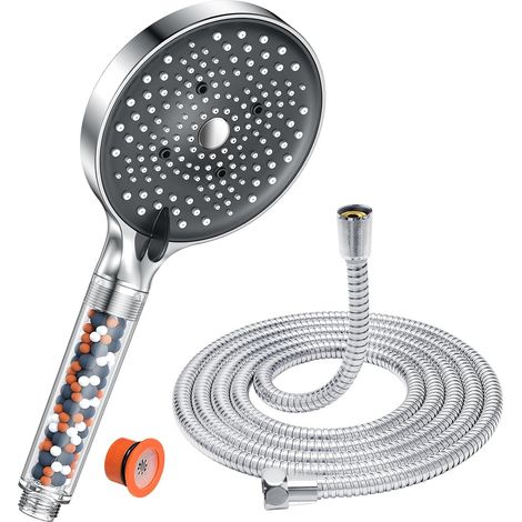 Pommeau de Duche avec tuyau 1,6M, Pommeau de Douche Anti calcaire Grand (⌀130mm), Economie Deau, 6 types de jets, Haute Pression, Chrome (1/4)