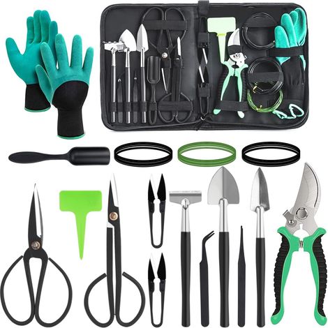 Ensemble de bonsaï 24 pièces, Kit d'outils de jardin, Machete, Sac de rangement, Trolle de jardinage, Mini Rake et Spade, et Gants de jardin (1/5)