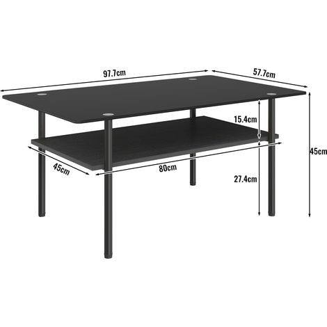Table basse design avec plateau verre noir, meuble salon à étagère MDF et piètement métal, console rectangulaire 2 niches de rangement, noir - H 45/L 98/P 58 cm (1/5)